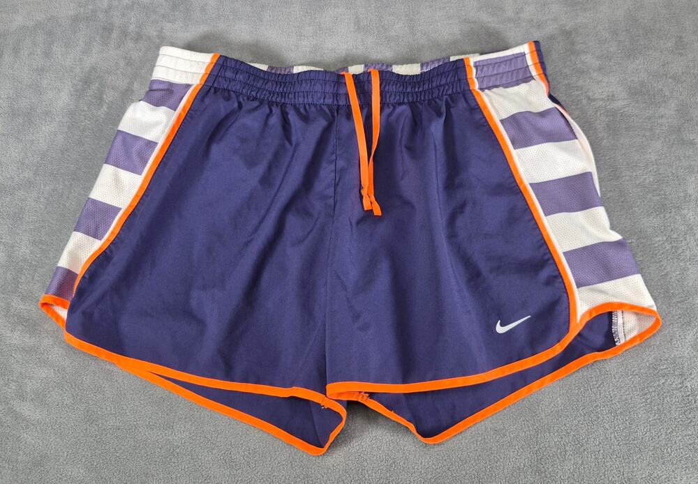 Nike Womens Dri-FIT Running Shorts Purple Orange Trim Size L Athletic - Picture 1 of 9